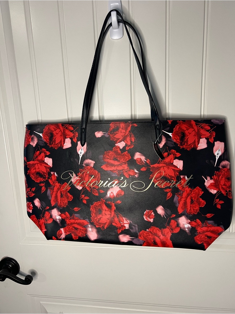 Victoria's Secret Black Tote with Red Rose Pattern